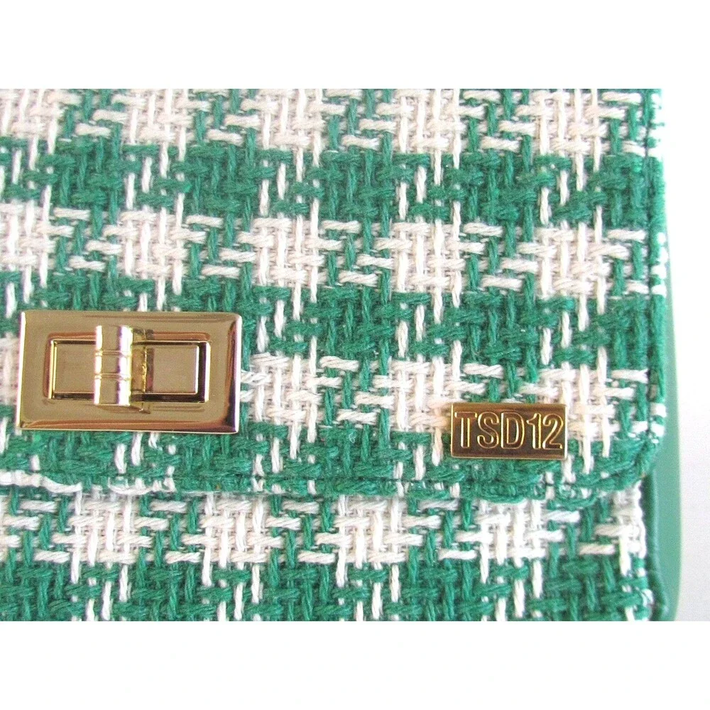 DESIGNER TSD12 GREEN /WHITE CHECK FABRIC PRINT CHAIN DETAIL SMALL CROSSBODY BAG
